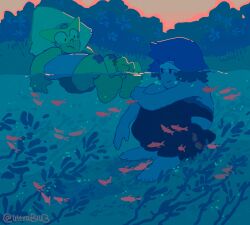 2girls absurdres blue_hair blue_skin chinese_commentary cloud colored_skin commentary_request golden_hour green_hair green_skin highres lapis_lazuli_(steven_universe) looking_at_another mouth_under_water multiple_girls partially_underwater_shot peridot_(steven_universe) sitting smile steven_universe ultrab1u3 underwater water