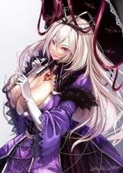 Rule 34 | 1girl, adapted costume, blonde hair, breasts, cleavage, closed mouth, commentary request, cross-laced clothes, dress, fur trim, gloves, grey background, hair ribbon, huge breasts, jewelry, koumajou densetsu, koumajou densetsu 2, long hair, long sleeves, looking at viewer, purple dress, purple eyes, ribbon, skindentation, smile, solo, touhou, twitter username, umbrella, white gloves, wide sleeves, wildcat (kusonemi), yakumo yukari