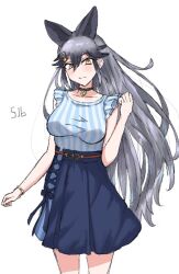 1girl animal_ears black_choker black_hair blue_shirt blue_skirt blush bracelet casual choker cowboy_shot fox_ears fox_girl frilled_shirt frills grey_hair hair_between_eyes hair_ornament hairclip high-waist_skirt jewelry kemono_friends kemono_friends_3 long_hair looking_at_viewer multicolored_hair necklace official_alternate_costume shinryuu_(iwata12181126) shirt sidelocks silver_fox_(kemono_friends) skirt sleeveless solo striped_clothes two-tone_shirt vertical-striped_clothes white_shirt yellow_eyes