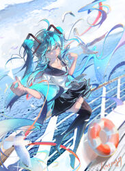 1girl absurdres antry_tange bird black_boots black_sailor_collar black_skirt blue_eyes blue_hair blue_necktie blush boots closed_mouth hair_between_eyes hatsune_miku highres long_hair looking_at_animal necktie ocean sailor_collar shirt sidelocks skirt smile solo thigh_boots twintails very_long_hair vocaloid white_shirt