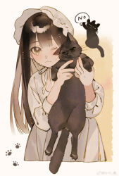 1girl absurdres animal black_cat black_hair bonnet brown_eyes cat chinese_commentary closed_mouth commentary_request cowboy_shot crying crying_with_eyes_open dress frown hands_up harrymiao highres holding holding_animal holding_cat long_hair long_sleeves looking_at_viewer one_eye_closed original paw_print solo speech_bubble standing tears unhappy watermark weibo_watermark white_dress