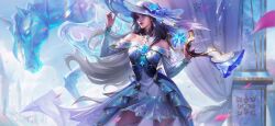 Rule 34 | 1girl, breasts, caitlyn (league of legends), crystal rose caitlyn, dress, gun, hat, highres, holding, holding weapon, large breasts, league of legends, mature male, off shoulder, rifle, skirt, solo, spideraxe, weapon, white dress