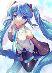 1girl aqua_hair aqua_ribbon black_footwear black_skirt black_sleeves blue_eyes boots collared_shirt detached_sleeves frilled_shirt frills grin hatsune_miku hatsune_miku_(nt) headphones highres kozou_kazaru long_hair looking_at_viewer neck_ribbon ribbon shirt shoes skirt sleeveless sleeveless_shirt sleeves_past_fingers sleeves_past_wrists smile solo teeth thigh_boots twintails very_long_hair vocaloid white_shirt