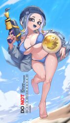 1girl ball beach beachball bikini blue_bikini breasts inkling_girl inkling_player_character jinkoika large_breasts nintendo solo splatoon_(series) swimsuit