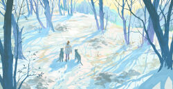 1boy bare_tree day dog forest highres morning nature oosan1020 original painting_(medium) scenery shadow snow solo sunlight traditional_media tree