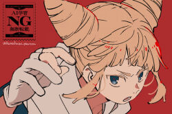 Rule 34 | 1girl, blonde hair, blue eyes, blunt bangs, commentary request, cone hair bun, double bun, furrowed brow, gloves, hair bun, hand up, highres, hood, hood down, huwahuwa youmou, jasmine (toshi densetsu kaitai center), looking at viewer, open mouth, partially fingerless gloves, red background, short hair, simple background, solo, toshi densetsu kaitai center, upper body, white gloves
