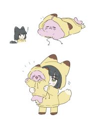! 1girl :3 animal animal_ears animal_hood animalization anyoji_hime black_hair blunt_bangs bob_cut borrowed_clothes chibi closed_eyes closed_mouth commentary fox_ears fox_hood fox_tail green_eyes highres holding holding_animal holiday_holiday_(love_live!) holiday_holiday_(tenko)_(love_live!) hood hoodie link!_like!_love_live! long_sleeves love_live! momose_ginko notice_lines pants ponytail seal_(animal) short_hair simple_background smile sparkle standing symbol-only_commentary tail virtual_youtuber white_background yellow_hoodie yellow_pants zueka27