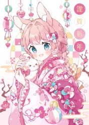 &gt;_&lt; 1girl :3 abstract_background absurdres animal animal_ear_fluff animal_hug aqua_eyes ball beachball blush blush_stickers bow braid commentary commentary_request dot_nose double-parted_bangs earrings english_commentary fingernails floral_print flower flower_earrings flower_hairclip hair_flower hair_intakes hair_ornament hairclip happy happy_new_year hatsumoude highres holding holding_animal japanese_clothes jewelry kimono long_sleeves looking_at_viewer mixed-language_commentary multicolored_flower napo_(napo_illust) new_year open_mouth orange_hair original pink_bow pink_kimono polka_dot polka_dot_kimono sidelocks single_braid smile sparkle standing upper_body white_background wide_sleeves