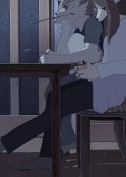 1boy 1girl animal_ear_fluff animal_ears arm_on_table bags_under_eyes black_leggings black_shirt brown_hair commentary_request cup_ramen dining_room dog_boy dog_ears dog_girl elbow_on_table exhausted fingernails food full_body furry furry_female furry_male glasses grey_pants grey_sleeves hand_on_own_chin highres holding holding_food indoors leggings long_hair long_sleeves on_chair original outstretched_leg pants pink_skirt scenery sharp_fingernails shirt short_hair short_sleeves sitting skirt snout socks table taracod utensil_in_mouth white_shirt white_socks wooden_floor