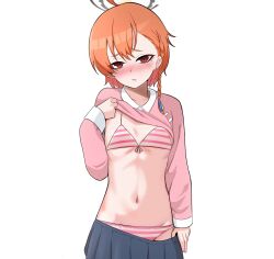 1girl bikini bikini_under_clothes blue_archive blush braid breasts clothes_lift clothes_pull earrings embarrassed hair_ornament halo jewelry kindergarten_uniform lips mole_under_each_eye mole_under_eye multiple_moles neru_(blue_archive) orange_hair pink_bikini pink_shirt red_eyes shirt shirt_lift short_hair side_braid skirt skirt_pull sleepnya small_breasts solo standing striped_bikini striped_clothes swimsuit undressing white_background white_bikini