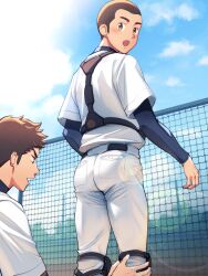 2boys adjusting_another&#039;s_clothes ass baseball_uniform belt black_belt blue_sky blue_undershirt brown_eyes brown_hair buzz_cut chest_protector cloud compression_shirt from_behind hands_on_another&#039;s_leg knee_pads light_blush male_focus multiple_boys open_mouth original outdoors pants shirt shirt_under_shirt short_hair sky slice_of_life sportswear standing tettabuzz very_short_hair white_pants white_shirt