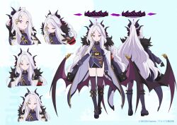 Rule 34 | 1girl, ahoge, armband, artist request, back, belt, black belt, black coat, black footwear, black gloves, black halo, black skirt, black thighhighs, blue archive, blue archive the animation, blush, reference sheet, closed mouth, coat, coat on shoulders, commentary request, demon girl, demon horns, demon wings, full body, gloves, hair ornament, hairclip, halo, highres, hina (blue archive), horns, long hair, looking at viewer, official art, open mouth, purple eyes, red armband, skirt, solo, standing, thighhighs, thighs, white hair, wings