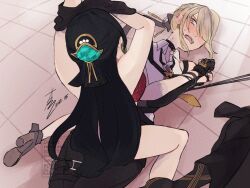 2girls astra_yao black_gloves black_hair blonde_hair blush bound bound_wrists bra brown_shoes collared_shirt commentary_request ear_blush evelyn_chevalier gloves hair_bun hair_ornament hair_over_one_eye high_heels long_hair maonokiuro multiple_girls purple_eyes red_bra shirt shoes signature sleeveless sleeveless_shirt straddling underwear undressing watermark white_shirt yuri zenless_zone_zero