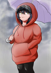 1girl andou_(girls_und_panzer) black_hair dark-skinned_female dark_skin girls_und_panzer green_eyes hand_in_pocket holding holding_umbrella rain raincoat solo umbrella yahow