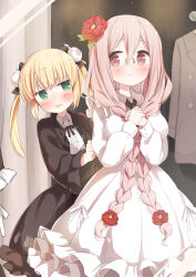 2girls adjusting_another&#039;s_clothes anne_happy blonde_hair blush braid commentary_request cross_tie dress flower frilled_dress frills glasses green_eyes hair_flower hair_ornament highres ichiyo12 jitome kumegawa_botan long_hair long_sleeves looking_to_the_side multiple_girls neck_ribbon open_mouth own_hands_together pink_eyes pink_hair ribbon sayama_tsubaki smile sweat twin_braids twintails very_long_hair