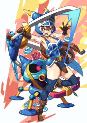 1girl alsea armlet armor belt blue_armor blue_thighhighs boots breasts brown_gloves brown_hair daisy_(dq) dated dragon_quest dragon_quest_yuusha_abel_densetsu fake_horns full_body gloves helmet highres horned_helmet horns jewelry long_hair looking_at_viewer monster open_mouth slime_(dragon_quest) thighhighs