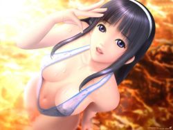 1girl 3d :d beach bikini black_hair blue_eyes blunt_bangs breasts cleavage covered_erect_nipples dutch_angle female_focus from_above hairband iijima_rika large_breasts lipstick long_hair looking_up makeup navel open_mouth outdoors sexy_beach sexy_beach_2 sideboob slingshot_swimsuit smile solo standing summer sunset swimsuit wading water watermark wet