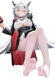 1girl absurdres alcohol animal_ear_fluff animal_ears arknights black_choker black_skirt blue_eyes blush breasts buttons choker cleavage commentary_request cup double-breasted drinking_glass feet fur_trim grey_hair hair_between_eyes hair_ornament hairclip high-waist_skirt highres holding holding_cup lahz52 lappland_(arknights) lappland_the_decadenza_(arknights) large_breasts long_hair long_sleeves looking_at_viewer no_bra no_shoes open_clothes open_shirt pantyhose parted_lips shirt simple_background sitting skirt soles solo toes underboob v-shaped_eyebrows very_long_hair white_background white_pantyhose white_shirt wine wine_glass wolf_ears