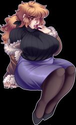 Rule 34 | 1girl, arm support, black background, black nails, black shoes, black sweater, blonde hair, breasts, brown eyes, brown jacket, brown pantyhose, cocobnuuy, commentary, cookie, eating, english commentary, fear &amp; hunger (series), fear &amp; hunger 2: termina, food, full body, fur-trimmed jacket, fur trim, highres, holding, holding cookie, holding food, huge breasts, invisible chair, jacket, karin (fear &amp; hunger), long hair, long sleeves, off shoulder, open clothes, open jacket, outline, pantyhose, ponytail, purple skirt, ribbed sweater, shoes, simple background, sitting, skirt, solo, sweater, sweater tucked in, white outline