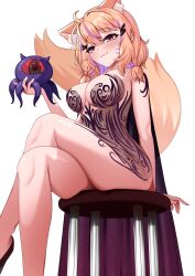 1girl ahoge alheitrakzoth animal_ear_fluff animal_ears blonde_hair blush breasts cape cat_ears cat_girl cat_tail chronopattern_dress colored_inner_hair commentary crossed_legs english_commentary facial_mark highres indie_virtual_youtuber long_hair looking_at_viewer medium_breasts meme_attire multicolored_hair purple_hair red_eyes second-party_source see-through_cape shyrei_faolan sitting solevisionarts tail virtual_youtuber whisker_markings