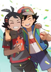 Rule 34 | 2boys, ash ketchum, baseball cap, black hair, blue vest, cellphone, closed eyes, dark skin, feet out of frame, gen 4 pokemon, goh (pokemon), grey shirt, hand on another&#039;s shoulder, hat, highres, holding, holding phone, holding poke ball, multiple boys, nintendo, open mouth, phone, poke ball, pokemon, pokemon (anime), pokemon (creature), pokemon journeys, red headwear, rotom, rotom phone, shirt, short hair, short sleeves, simple background, smartphone, smile, teeth, vest, white shirt