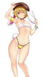 1girl ;) ;3 adapted_costume animal_ears armpits breasts dango feet_out_of_frame food hat hataraki_kuma highres holding looking_at_viewer one_eye_closed rabbit_ears rabbit_tail ringo_(touhou) short_hair shorts simple_background small_breasts smile solo suspenders tail touhou underboob wagashi white_background