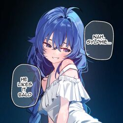 1girl ahoge bare_shoulders blue_background blue_eyes blue_hair blush braid breasts collarbone commentary crossed_bangs dress english_text gradient_background grin hair_between_eyes long_hair mushoku_tensei off-shoulder_dress off_shoulder roxy_migurdia short_sleeves simple_background small_breasts smile solo speech_bubble sydus symbol-only_commentary talking twin_braids upper_body very_long_hair white_dress