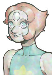 Rule 34 | 1girl, aqua eyes, aqua shirt, armpit crease, colored skin, covered collarbone, dreamscreep, forehead jewel, gem, highres, holographic clothing, holographic hair, holographic skin, iridescent, lips, orange hair, pale skin, pearl (gemstone), pearl (steven universe), pointy nose, shirt, short hair, sleeveless, sleeveless turtleneck, smile, solo, steven universe, turtleneck, white background, white skin