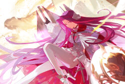 1girl absurdres breasts capelet dress fate/grand_order fate_(series) fui_(fui29493452) headpiece highres large_breasts long_hair long_sleeves looking_at_viewer medusa_(fate) medusa_(saber)_(fate) medusa_(saber)_(third_ascension)_(fate) pants parted_bangs purple_eyes purple_hair shield sidelocks solo sword tight_clothes tight_pants very_long_hair weapon white_capelet white_dress white_pants