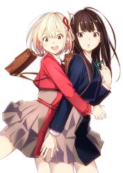 2girls backpack bag black_hair blonde_hair blue_jacket commentary_request cowboy_shot dress folded_hair fukushima_masayasu grey_dress highres hug hug_from_behind inoue_takina jacket long_hair lycoris_recoil lycoris_uniform multiple_girls nishikigi_chisato open_mouth pleated_dress purple_eyes red_eyes red_jacket round_teeth short_hair simple_background teeth two-tone_dress upper_teeth_only white_background