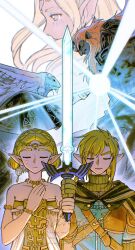 Rule 34 | 2girls, 3boys, armlet, armor, bare shoulders, black cloak, blonde hair, bracelet, braid, breasts, circlet, cloak, crown braid, dark-skinned male, dark skin, dress, earrings, ganondorf, green eyes, hair between eyes, hand on own chest, highres, holding, holding sword, holding weapon, jewelry, leather armor, link, long hair, master sword, medium breasts, medium hair, mouyi, multiple boys, multiple girls, nintendo, parted bangs, pendant choker, pointy ears, princess zelda, rauru (tears of the kingdom), red hair, short hair, sidelocks, sonia (zelda), strapless, strapless dress, sweater, sword, teardrop facial mark, the legend of zelda, the legend of zelda: tears of the kingdom, turtleneck, turtleneck sweater, upper body, weapon, zonai