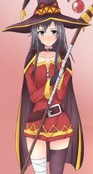 Rule 34 | alternate costume, asymmetrical legwear, black hair, button eyes, buttons, cosplay, highres, kono subarashii sekai ni shukufuku wo!, long hair, mahdi, megumin, megumin (cosplay), mismatched legwear, solo, thighhighs, uneven legwear, yahari ore no seishun lovecome wa machigatteiru., yukinoshita yukino, zettai ryouiki