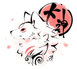 1girl amaterasu_(ookami) animal_ears body_markings brush_stroke calligraphy closed_mouth commentary copyright_name dog_nose english_commentary facial_mark knoll30527874 looking_to_the_side ookami_(game) signature spiked_hair sun translated twitter_username upper_body white_background white_fur wolf wolf_ears
