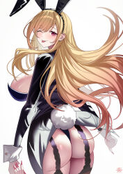 Rule 34 | 1girl, absurdres, animal ear hairband, animal ears, ass, black coat, blonde hair, blush, breasts, coat, coattails, commentary request, cowboy shot, ear piercing, earrings, fake animal ears, fingernails, from behind, gradient hair, hairband, highres, huge ass, jewelry, kitagawa marin, large breasts, leotard, long fingernails, long hair, looking at viewer, looking back, multicolored hair, nail polish, one eye closed, piercing, playboy bunny, rabbit ear hairband, rabbit ears, rabbit tail, red eyes, red hair, red nails, sideboob, simple background, smile, solo, sono bisque doll wa koi wo suru, tail, tansuan (ensj3875), thighs, tongue, tongue out, white background, white wrist cuffs, wrist cuffs
