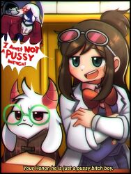 1girl 3boys ace_attorney anger_vein blue_eyes blue_tongue blush bow bowtie brown_eyes brown_hair colored_skin colored_tongue cosplay crossed_arms deltarune ema_skye english_text eyewear_on_head furry furry_male goat_boy goat_horns green-framed_eyewear highres horns lancer_(deltarune) long_hair long_sleeves miles_edgeworth miles_edgeworth_(cosplay) multiple_boys open_mouth profanity purple_skin ralsei red_bow red_bowtie round_eyewear rouxls_kaard smile smug speech_bubble sunglasses sunshroomguy teeth tongue tongue_out upper_teeth_only white_hair