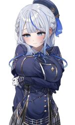 1girl amagai_ruka blue_eyes blue_hair blue_hat blue_jacket blue_ribbon blue_streaks blush braid breasts buttons collar collared_shirt double-breasted dress_suit gloves grey_hair hat highres jacket long_hair long_sleeves multicolored_hair neck_ribbon plaid_clothes plaid_skirt ribbon shirt simple_background skirt solo streaked_hair uzuraa virtual_youtuber weather_planet white_background white_collar white_gloves white_shirt