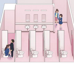 1boy 3girls blue_jacket blue_skirt bra brown_hair handjob hetero jacket kiyo_(kyokyo1220) mirror multiple_girls original pink_bra pleated_skirt public_restroom school_uniform skirt tile_floor tile_wall tiles toilet underwear