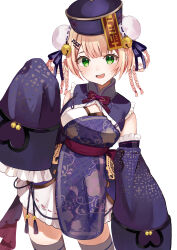 1girl absurdres bell bell_sleeves blonde_hair blush bow bowtie braid braided_hair_rings breasts bun_cover center-flap_bangs chinese_clothes chinese_knot_border cleavage cleavage_cutout clothing_cutout contrapposto cowboy_shot detached_sleeves double_bun draw_doro dress fang frilled_dress frilled_skirt frilled_sleeves frills green_eyes grey_thighhighs hair_bell hair_bun hair_ornament hair_rings hairclip hand_up hat highres hololive jiangshi looking_at_viewer medium_hair momosuzu_nene momosuzu_nene_(5th_costume) official_alternate_color official_alternate_costume official_alternate_hairstyle ofuda open_mouth purple_dress purple_hat qingdai_guanmao quad_hair_rings red_bow red_bowtie red_sash sash simple_background skirt sleeves_past_fingers sleeves_past_wrists smile solo standing thighhighs very_long_sleeves virtual_youtuber white_background white_skirt wide_sleeves zettai_ryouiki