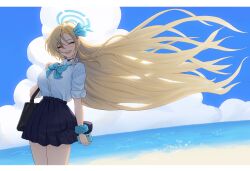 Rule 34 | 1girl, absurdly long hair, absurdres, ahoge, asuna (blue archive), bag, beach, black bag, black choker, blonde hair, blue archive, blue bow, blue halo, blue scrunchie, blue skirt, blue sky, blush, bow, breasts, choker, closed eyes, cloud, cloudy sky, commentary request, cowboy shot, day, dress shirt, eyelashes, facing viewer, floating clothes, floating hair, hair bow, halo, highres, holding, holding phone, horizon, large breasts, letterboxed, long hair, miniskirt, nose blush, ocean, open mouth, outdoors, phone, pleated skirt, sand, sanj, school bag, scrunchie, shirt, skirt, sky, sleeves rolled up, smile, solo, standing, teeth, upper teeth only, very long hair, water, white shirt, wind, wing collar, wrist scrunchie