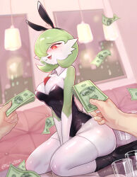 1girl :3 @_@ animal_ears arceus areola_slip artist_name banknote bare_shoulders between_legs black_footwear black_hairband black_leotard blush bob_cut breasts breath cleavage colored_skin couch creatures_(company) cup detached_collar disembodied_hand dollar_bill drinking_glass dutch_angle fake_animal_ears fang female_focus game_freak gardevoir gen_3_pokemon gen_4_pokemon gloves green_hair green_skin hair_over_one_eye hairband hand_between_legs happy high_heels holding holding_money indoors legendary_pokemon leotard medium_breasts money multicolored_skin mythical_pokemon night nintendo nose_blush on_couch one_eye_covered open_mouth own_hands_together pink_background playboy_bunny pokemon pokemon_(creature) pov rabbit_ears raised_eyebrows red_eyes shiny_clothes shiny_skin shoes short_hair signature sitting skindentation smile solo_focus strapless strapless_leotard sweat thighhighs twitter_username two-tone_skin v_arms wariza white_gloves white_skin white_thighhighs wide_hips window yuii_(yuika9200)