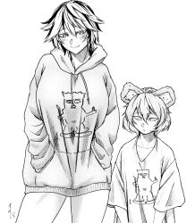 Rule 34 | 2girls, blush, breasts, character request, closed mouth, cowboy shot, greyscale, hair between eyes, halftone, hands in pockets, height difference, hood, hoodie, koyubi (littlefinger1988), large breasts, looking at viewer, monochrome, multiple girls, shirt, short hair, simple background, smile, toramaru shou, touhou, white background