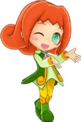1girl 3d ally_(puyopuyo) blush_stickers boots female_focus green_eyes jewelry lowres official_art one_eye_closed open_mouth orange_hair pants pendant puyopuyo puyopuyo_chronicle sega short_hair smile solo wink yellow_pants
