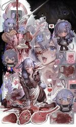 Rule 34 | 1boy, :3, black dress, blood, blood on clothes, blood on face, blue eyes, blue hair, crossdressing, crossdressing (mtf), death, dress, heart (organ), highres, huli xiaobai, jujutsu kaisen, knife, liver, looking at viewer, lying, mahito (jujutsu kaisen), maid, male maid, raw meat, smile, solo, stitched face, stitches, trap
