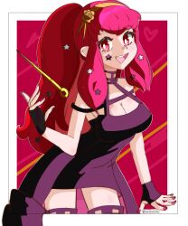 Rule 34 | 1girl, absurdres, alternate costume, alternate hairstyle, bare shoulders, black dress, black gloves, breasts, cleavage, commentary, cosplay, crossover, dress, english commentary, fingerless gloves, fingernails, fire emblem, fire emblem engage, gloves, hair ornament, highres, hoshinokotta, large breasts, long hair, looking at viewer, nintendo, open mouth, ponytail, red eyes, red hair, red nails, simple background, sleeveless, sleeveless dress, smile, solo, spy x family, star (symbol), star hair ornament, tiara, twitter username, yor briar, yor briar (cosplay), yunaka (fire emblem)