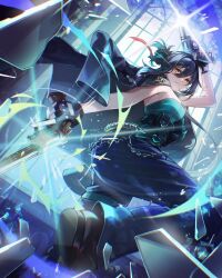 1girl arm_up black_gloves black_hair black_jacket black_pants black_shoes closed_mouth dual_wielding eye_trail feet_out_of_frame fingerless_gloves from_below from_side glass_shards glint gloves green_shirt gun hair_between_eyes hair_bun hand_up handgun highres holding holding_gun holding_weapon jacket jacket_on_shoulders kyusoukyu leg_up light_trail longjing_(xinyue_tongxing) looking_at_viewer medium_hair pants revolver shirt shoes solo strapless strapless_shirt weapon window xinyue_tongxing yellow_eyes