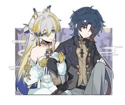 Rule 34 | 1boy, 1girl, arknights, bare shoulders, beads, black hair, black jacket, blade (honkai: star rail), blonde hair, brown eyes, chinese commentary, closed mouth, collarbone, commentary request, dragon girl, dragon horns, earrings, green eyes, grey hair, hair between eyes, hair intakes, hand on another&#039;s arm, hand on own knee, highres, honkai: star rail, honkai (series), horns, jacket, jewelry, lanmei xiao dangao, long hair, long sleeves, looking at another, looking down, necklace, off shoulder, open clothes, open jacket, outline, pointy ears, purple hair, shu (arknights), smile, white jacket, white outline