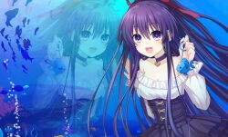 Rule 34 | 1girl, aquarium, bare shoulders, breasts, cleavage, collar, date a live, date a live: spirit pledge, dress, fish, game cg, hair ribbon, highres, long hair, long sleeves, looking at viewer, medium breasts, official art, open mouth, purple eyes, purple hair, reflection, ribbon, smile, solo, strapless, strapless dress, third-party source, yatogami tohka