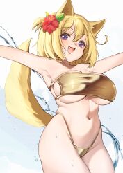 1girl animal_ears bikini breasts chami_(charming621) commentary cowboy_shot fang fox_ears fox_tail gold_bikini highleg highleg_bikini highres large_breasts navel original outstretched_arms smile solo strapless strapless_bikini swimsuit tail underboob