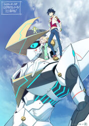1boy 1girl bad_tag black_shoes blue_dress blue_eyes blue_hair blue_pants bob_cut clenched_hand closed_mouth cropped_hoodie cropped_shirt denim dress genki_dotou green_dress green_eyes gunvarrel hairband highres hood hoodie jeans kidou_battle_gunvarrel long_sleeves looking_to_the_side matsuo_yukihiro mecha medium_hair midriff miniskirt navel open_clothes open_hoodie open_mouth pants red_hairband red_shirt red_shoes robot robotics;notes science_adventure shirt shoes short_hair short_sleeves skirt smile sphinx standing thighhighs thighs tongue white_hoodie white_shirt white_thighhighs yuuki_rosetta