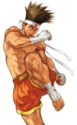 1boy ankle_wrap brown_eyes brown_hair capcom_vs_snk_2 facing_viewer game_cg hachimaki hand_wraps headband highres japanese_flag joe_higashi kicking knee_up male_focus mongkhon muay_thai non-web_source official_art open_mouth snk solo teeth topless_male upper_teeth_only v-shaped_eyebrows white_headband